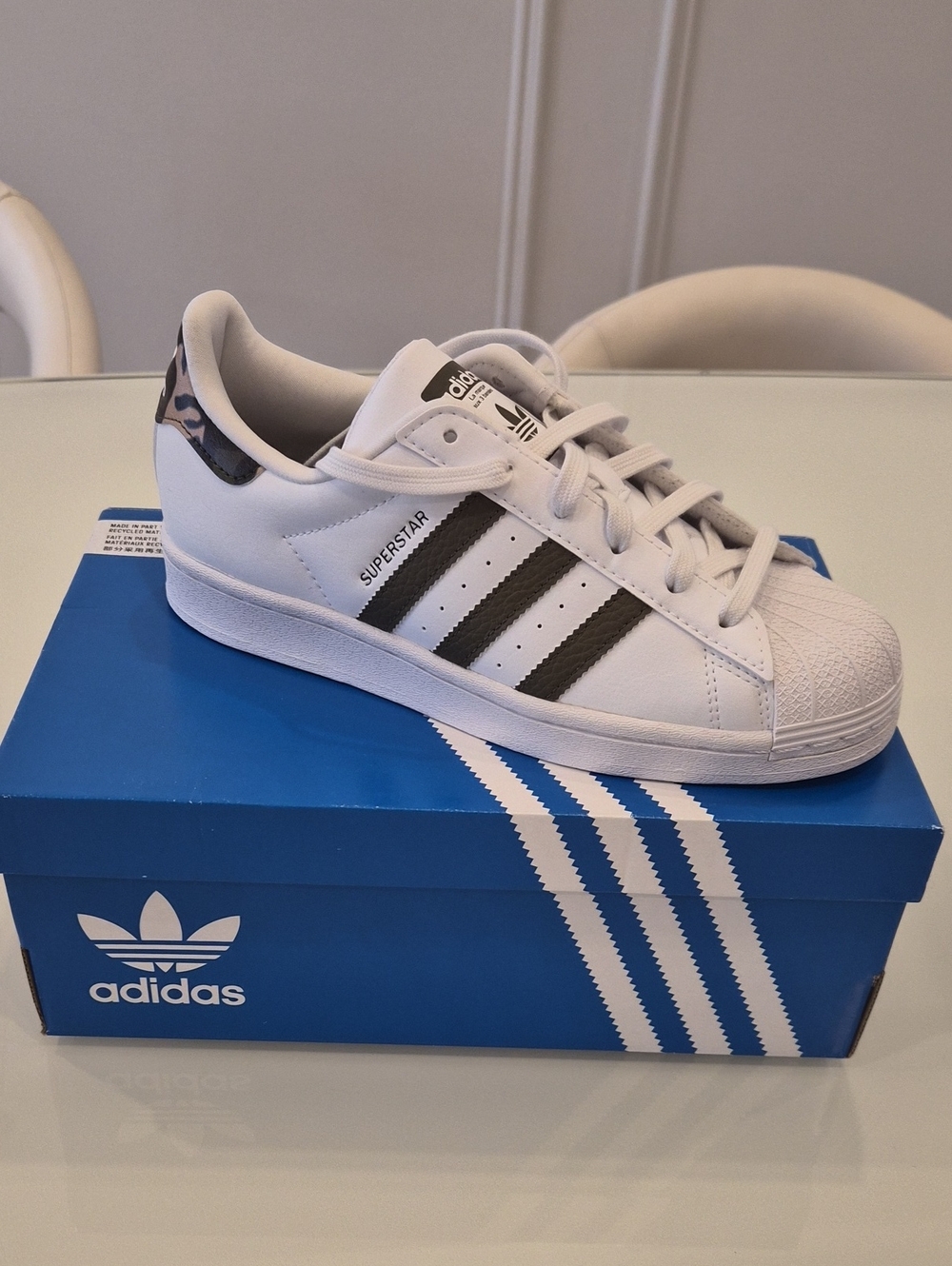 Brand NEW - Adidas Kids Superstar White Sneakers with Olive Green Stripes